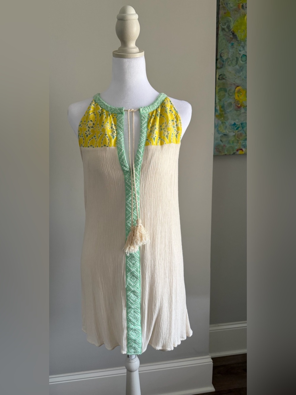 Fashionomics Cream Dress with Yellow Patterned Yoke and Mint Trim